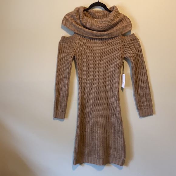 Active USA Knit Cowl Neck Cold Shoulder W/Long Sleeve Sweater Dress In Taupe - Picture 10 of 10